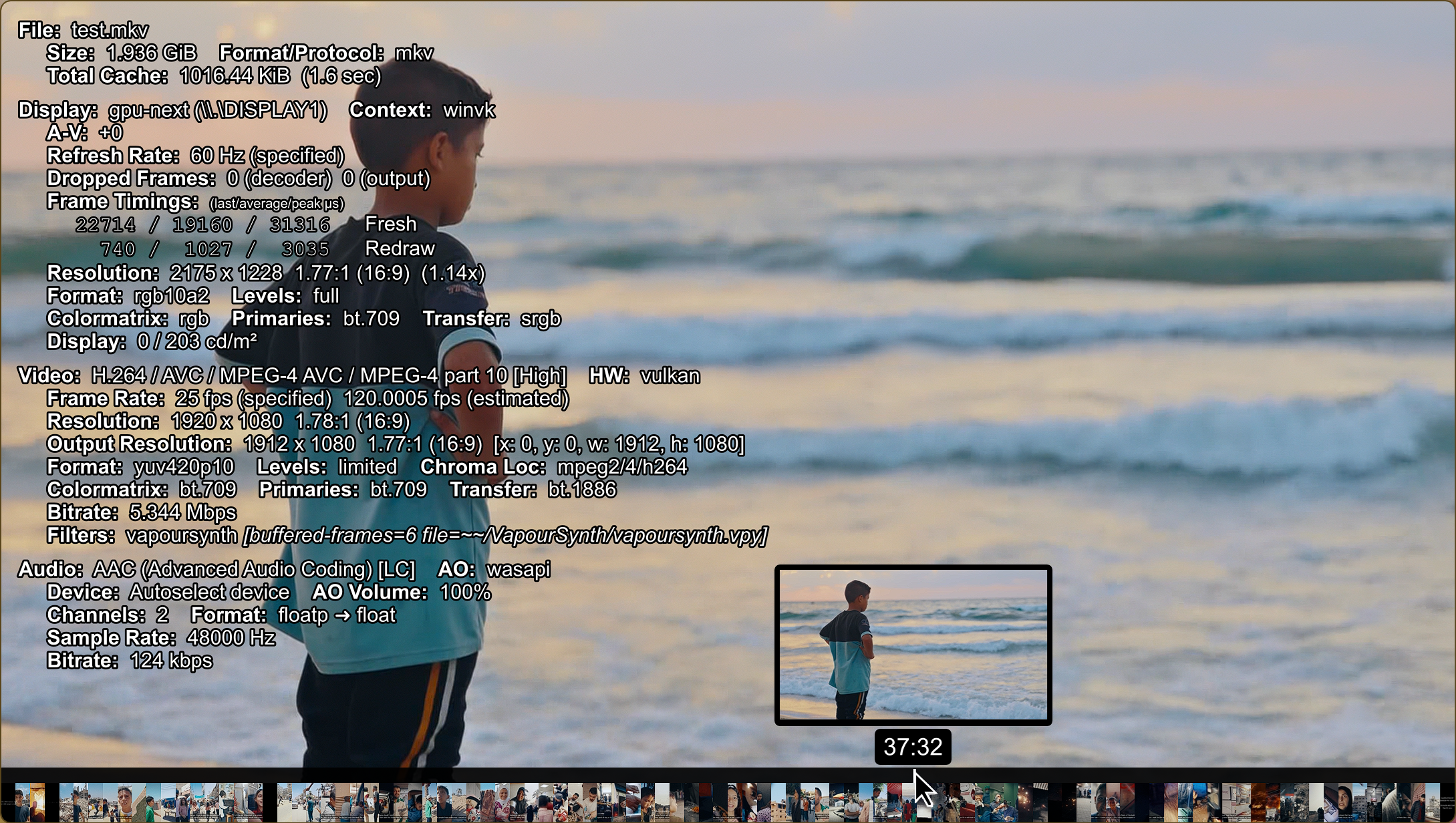 mpv-synth player with filmstrip timeline and hover thumbnail